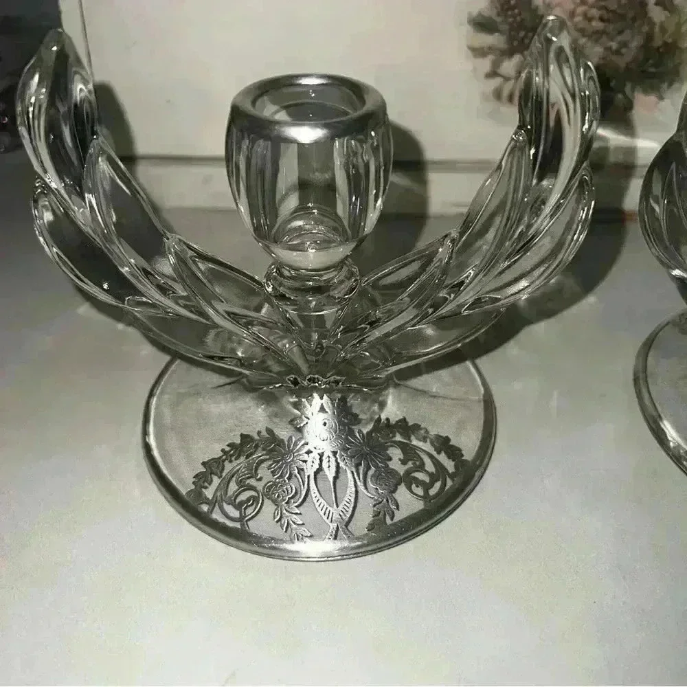 Vintage elegant art deco silver overlay glass candle holders